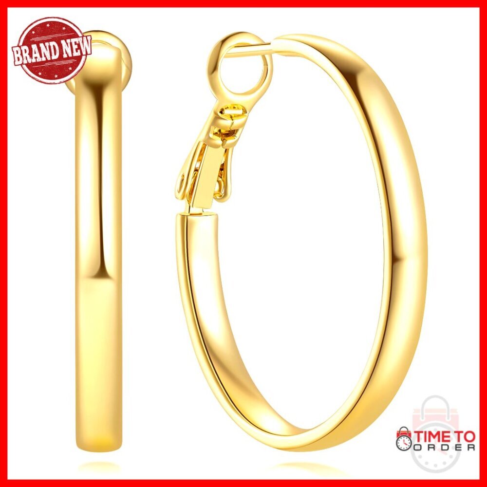 14K Gold Chunky Hoop Earrings 30mm Hypoallergenic Polished